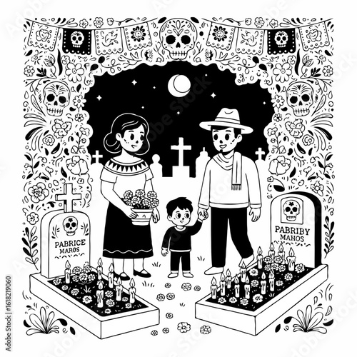 Day of the dead, adorned with traditional symbols, features family visiting grave. Day of the dead, with skulls, flowers and candles as offerings, provides a somber yet celebratory scene,