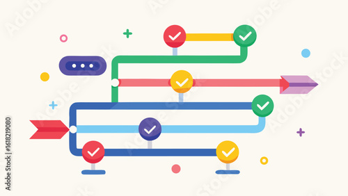 Colorful flat style process flow chart illustrating business workflow and strategic project management with checkmark icons and arrow