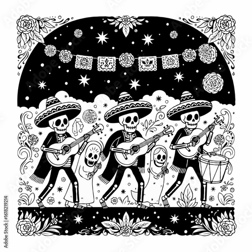 Dia de los Muertos celebration with mariachi skeletons playing guitars and a drum. Festive Dia de los Muertos illustration features musical skeletons in traditional sombreros.