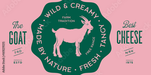Goat, milk cheese tag label. Template Goat Cheese Milk Tag Label. Vintage print, tag, label farm goat sketch ink pencil draw, engrave old school style. Template tag label. Vector Illustration