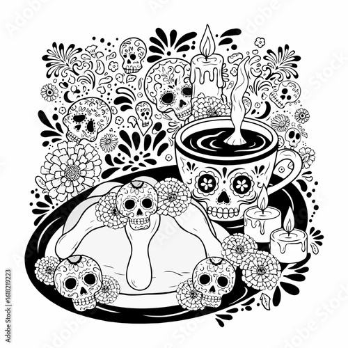 Day of Dead pan de muerto and hot chocolate with sugar skulls and flowers. Festive Day of the Dead still life composition with traditional Mexican bread and drink.