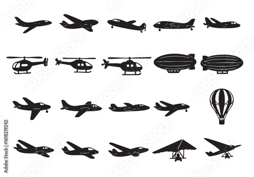 Various Aircraft Silhouettes Including Airplanes Helicopters Dirigibles and a Hot Air Balloon for Aviation Enthusiasts