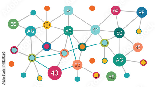 Colorful network diagram illustrating connections and relationships between different entities on a white background depicting interconnectivity