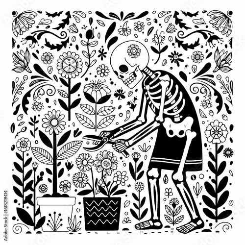Day of Dead skeleton tending flowers in black and white illustration. Skeleton gardener prunes blooming flowers in pot. Day of the Dead artistic concept for greeting cards and posters.