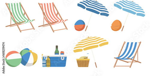 Illustration of beach chairs umbrellas beach balls cooler and picnic basket on a blue background