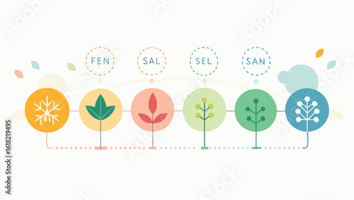 Conceptual illustration of seasonal progression with trees in different colors and names of the weekdays in spanish fen sal sel san