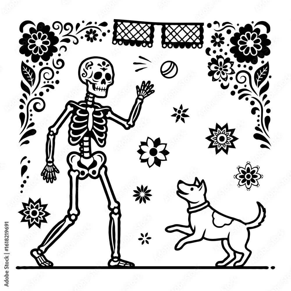 Fototapeta premium Day of the dead skeleton playing ball with dog for Day of the Dead celebration. Day of the dead skeleton design displays cultural tradition with playful scene involving dog and throwing ball.