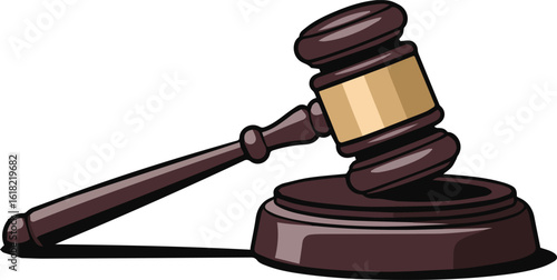 Illustration of a brown wooden gavel resting on a base against a plain white background design art