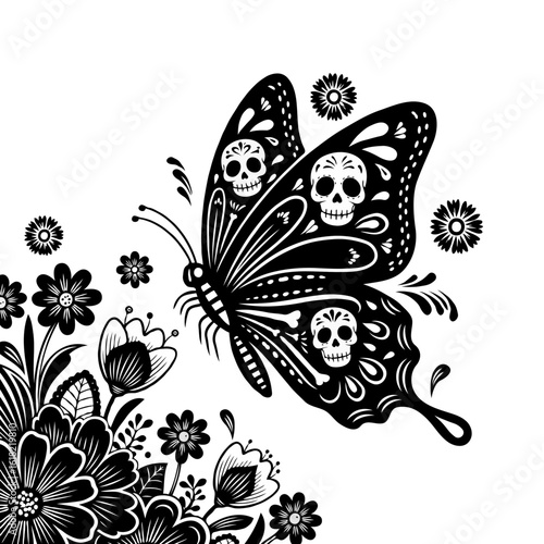Graphic black and white Day of the Dead butterfly flying from flowers, showing respect for ancestors.