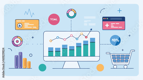Creative illustration of business analytics and marketing strategy showing data trends and insights for online sales and growth opportunities