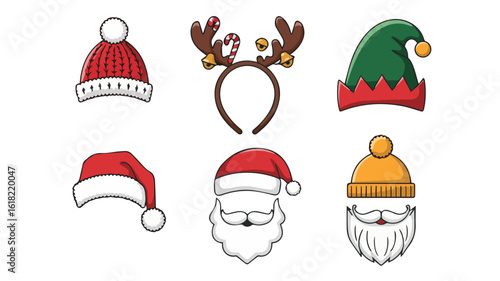 A christmas themed image showing santa hats, reindeer antlers and an elf hat on a light blue background