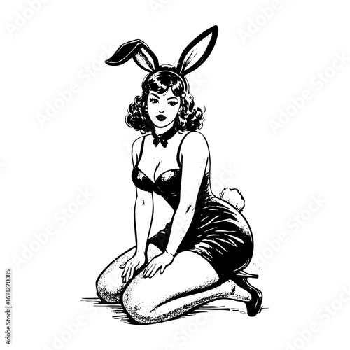 Pin-up girl wear bunny costume sketch engraving black and white outline. Scratch board imitation.