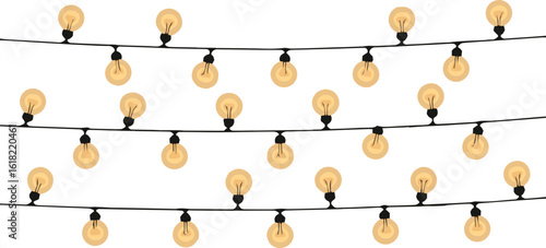 A string of lights with glowing bulbs hanging against a gray background in a flat vector style