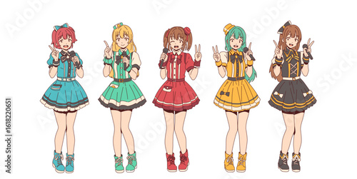 Korean or Japanese idol k-pop singinger. Five anime style girls in colorful outfits joyfully sing into microphones. Distinct dress, creating a lively, vibrant scene on a white background.
