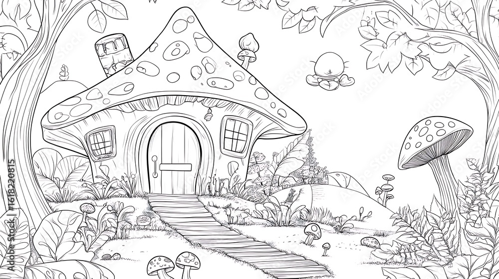 Naklejka premium きのこの家と朝の光