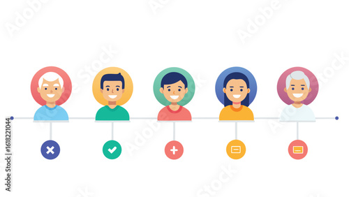 Diverse people network with decision making process icons approval addition and subtraction flat vector design