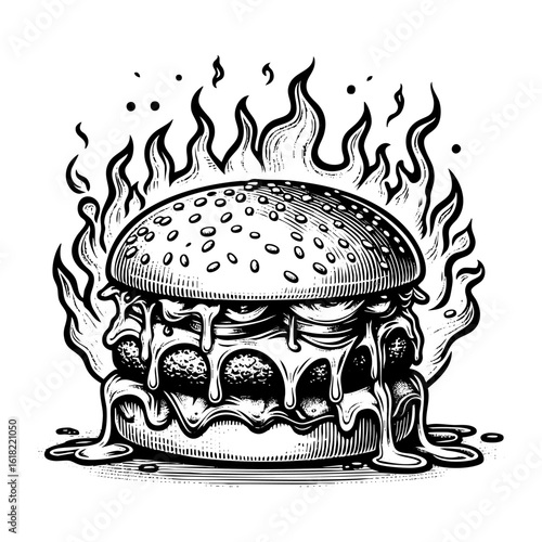 Hamburger on fire sketch engraving black and white outline. Scratch board imitation.  illustrated in vintage line art style on a white background.