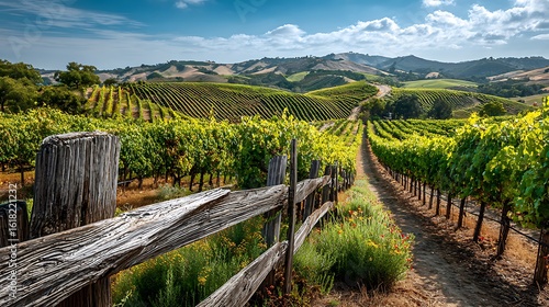 Beautiful vineyard rows with rustic wooden fence in foreground and wide open sky providing blank space for text. Serene rural landscape and wine country scenery.