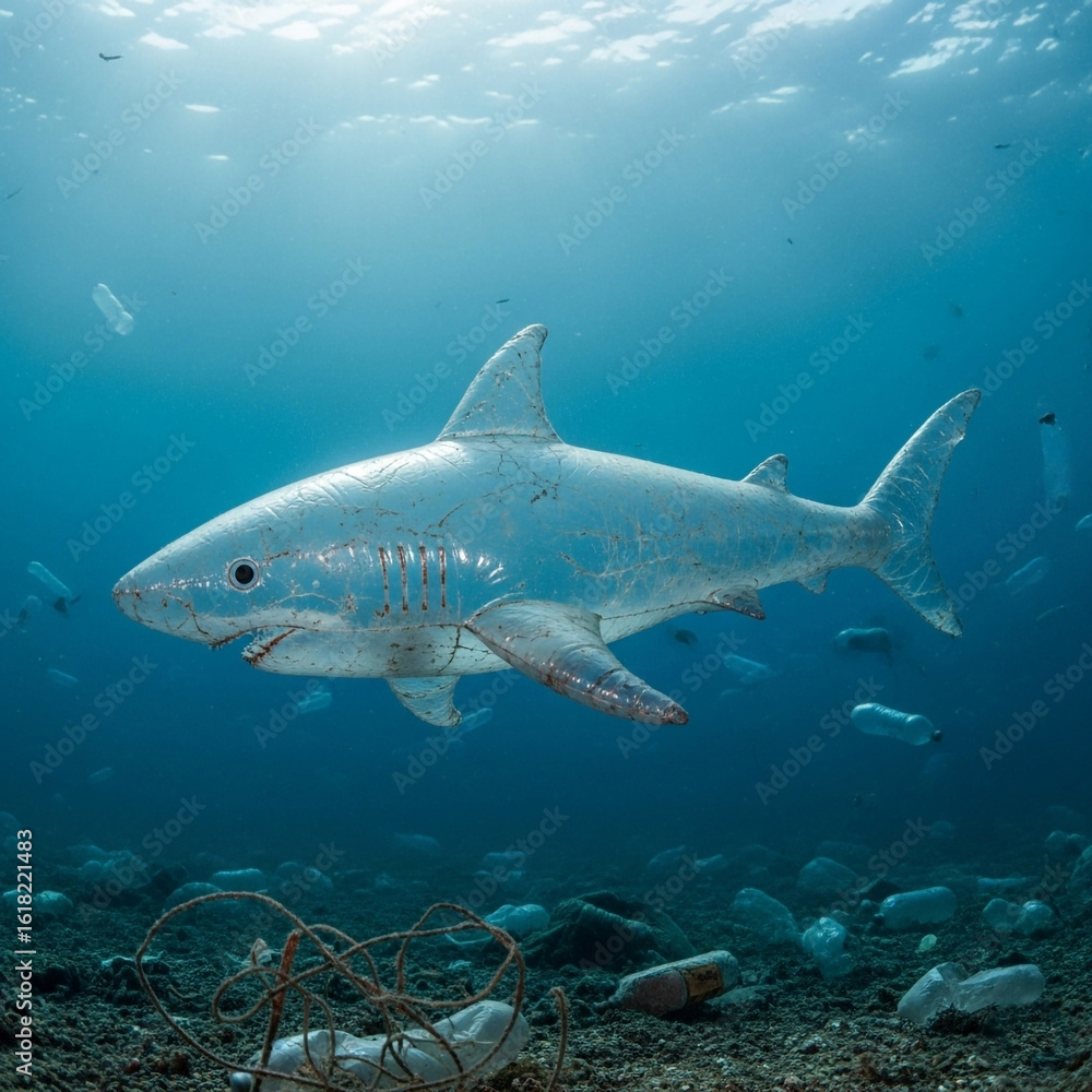 Naklejka premium Ocean plastic pollution. Shark made of plastic bottles swims in a sea full of plastic waste. Environmental problem.