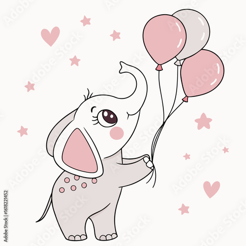 Cute Elephant with Balloons: An endearing illustration of a baby elephant, cheerfully clutching a bunch of vibrant balloons against a backdrop of stars and hearts, conveying joy and celebration.