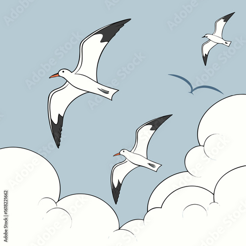 Soaring Gulls Above: Gentle brushstrokes and whimsical charm bring forth the elegant ballet of gulls gracefully gliding amid fluffy clouds in a dreamy sky.