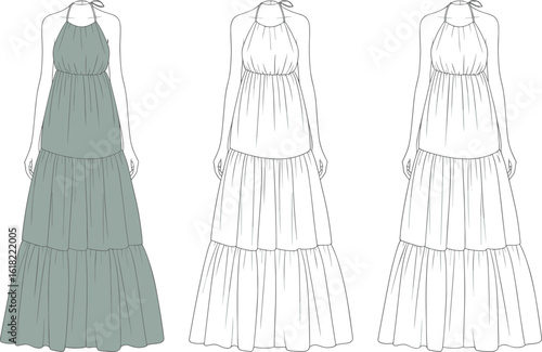 Vector halter-neck tiered maxi dress—front views in shaded and outline style with gathered waist and flowing layered skirt design