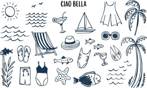 Hand drawn beach vacation doodles with sun, palm trees, and swimming gear on a light background