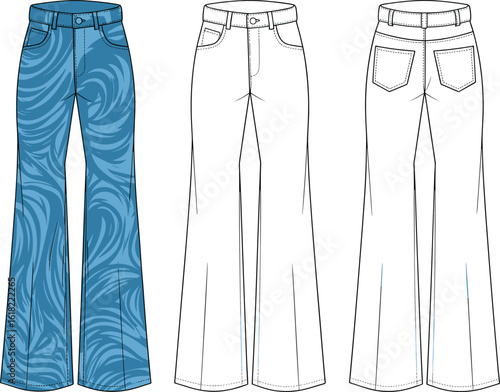 Vector set of flared jeans front and back views with blue swirl design and technical sketch for fashion and apparel design