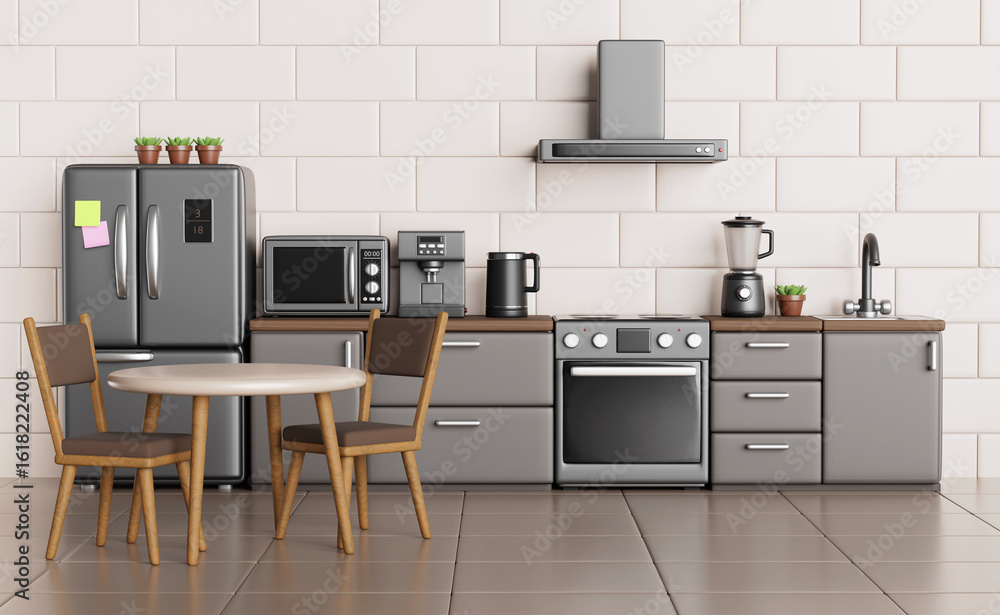 Fototapeta premium 3d kitchen interior with dining table, fridge, oven and hood. Home room with furniture for cooking, microwave, coffee machine, kettle, blender on wood counter top, tile wall and floor. 3D illustration