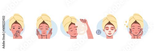 Facial mask sheet applying. Girl shows steps how to cleaning, prepare face and use cosmetic mask for acne. Info-graphic in flat style of beauty procedures