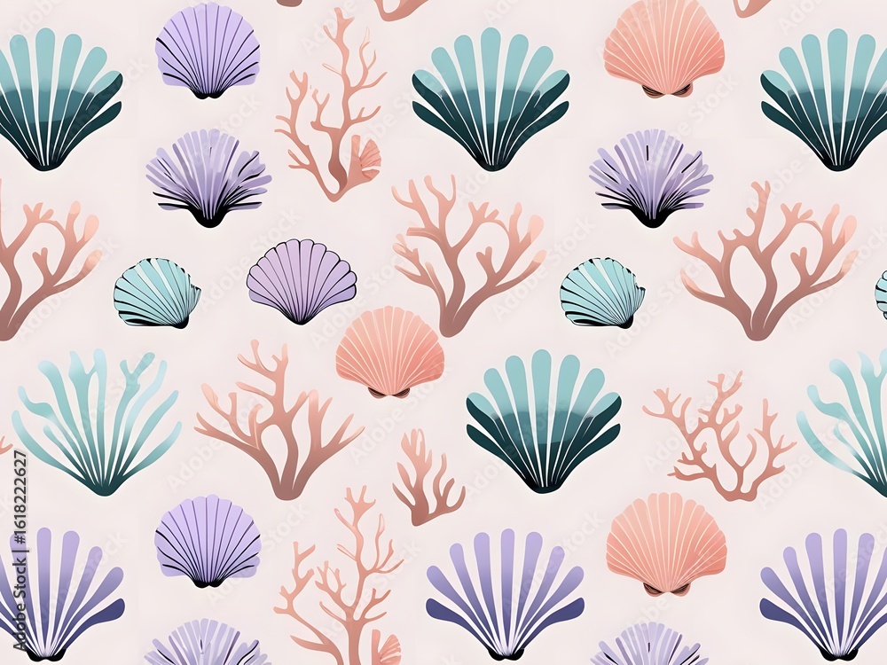 Seashell and Coral Pattern: A whimsical pattern of colorful seashells and coral. The intricate details and pastel colors evoke a sense of serenity and the wonders of the ocean Seashell and Coral Pattern: A whimsical pattern of colorful seashells and coral. The intricate details and pastel colors evoke a sense of serenity and the wonders of the ocean