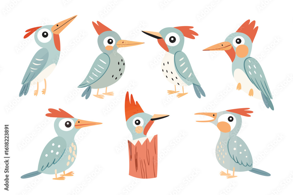 Obraz premium Whimsical Woodpecker Ensemble: A charming assortment of seven illustrated woodpeckers showcases a variety of poses and expressions, each with vibrant colors and playful detail. 