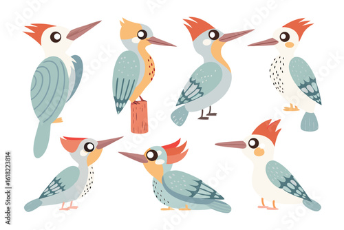 Collection of Playful Woodpeckers: A delightful collection of playful woodpeckers, each with its unique personality, showcased in an artistic display with vibrant colors.