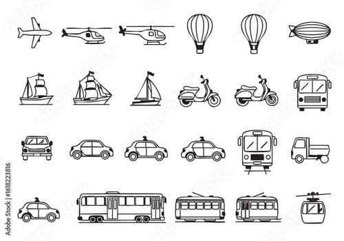 Wallpaper Mural Collection of Different Transportation Vehicles Doodle Style Outline Icons Illustration Featuring Airplane Helicopter Car Bus Boat and More Transportation Elements Vector Design Torontodigital.ca
