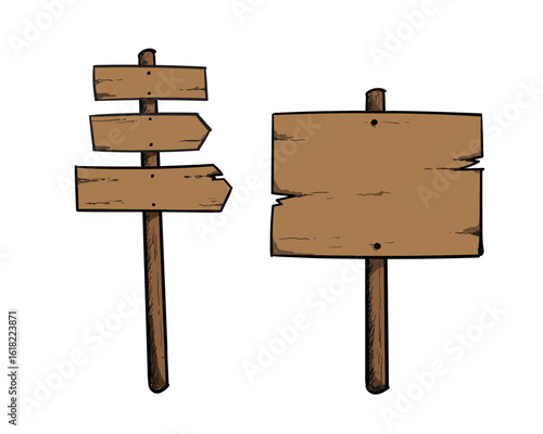 Wooden Sign post Vector Set – Hand Drawn Cartoon Direction Signs with Arrows and Crossed Boards


