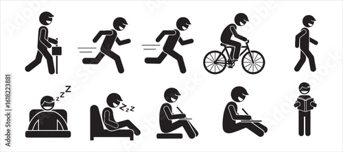 A young, lively stick figure guy doing all sorts of things like flying, swimming, reading, standing, walking, running, riding, sleeping, sitting, and writing in a vector illustration.