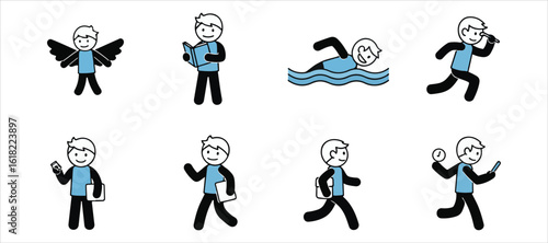 A vibrant stick figure man who's young and active, depicted in various poses like flying, swimming, reading, standing, walking, running, riding, sleeping, sitting, and writing in a vector style.