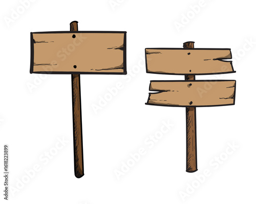 Wooden Sign post Vector Set – Hand Drawn Cartoon Direction Signs with Arrows and Crossed Boards

