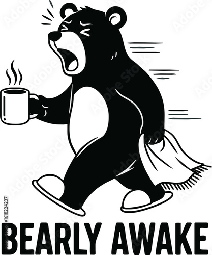A cartoon bear, yawning and holding a coffee mug, is depicted walking while wrapped in a blanket, expressing the concept of being barely awake.