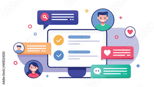 Modern communication concept illustration with computer screen,user avatars,and speech bubbles representing social networking and online messaging