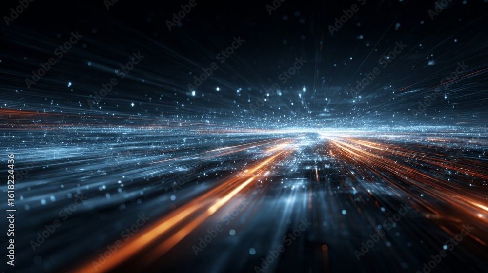 Obraz premium A futuristic depiction of light particles racing through an abstract digital world, with glowing trails and a high-tech grid structure symbolizing light's speed