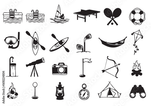 Outdoor Recreation and Summer Activities Doodle Vector Set Featuring Camping Swimming Watersports and Games Icons for Travel and Adventure