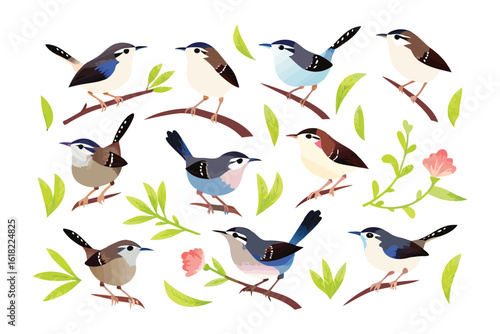 Whimsical Bird Assemblage: A delightful illustration showcases an assortment of charming, perky little birds perched on delicate branches, surrounded by verdant foliage, with pops of floral accents. 