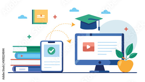 Online education and elearning concept with computer smartphone books graduation cap studying platforms and digital resources for academic success