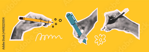 Illustration of three hands using different writing tools with a retro style. Black and white arms against a vibrant yellow background. Creative and artistic theme.