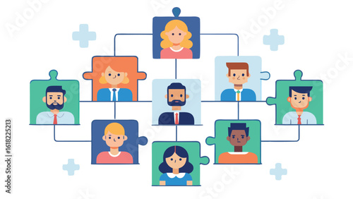 Organization chart of team members using puzzle pieces illustrating company structure and hierarchy flat design isolated on white