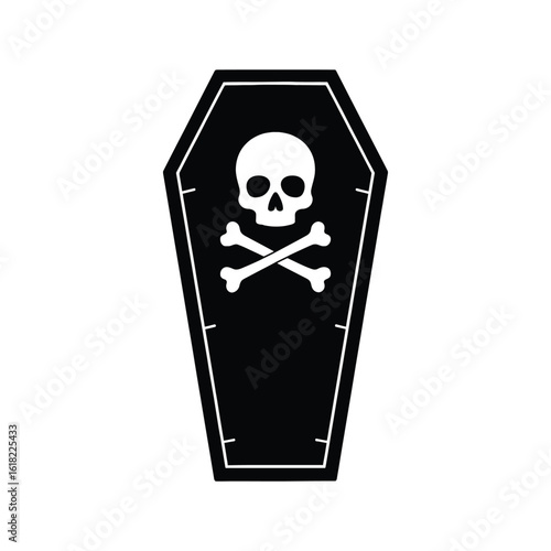 Black coffin with a skull and crossbones Halloween vector icon.