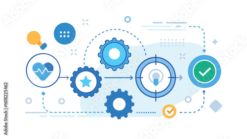 Process management illustration workflow with health focus gears and check mark completion vector illustration in modern style