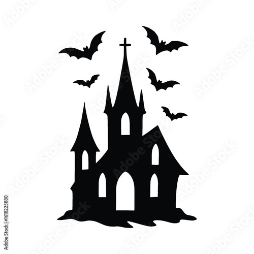 Spooky haunted church silhouette with flying bats for Halloween.