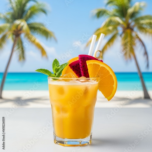 A vibrant tropical cocktail in a glass with ice and fruit sits on the sand of a sunny beach, offering refreshing sips by the blue ocean under a summer sky